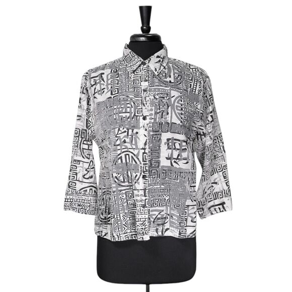 Chico's Women's Shirt Button Up Ivory Black Linen Blend Tribal Sheer Top 1 M/8 - Picture 1 of 8